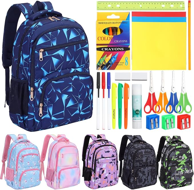 Maitys 6 Pack 17'' Bulk Backpacks with Supplies Kit, Bookbags for Donation Charities (Printed Color,Graffiti)