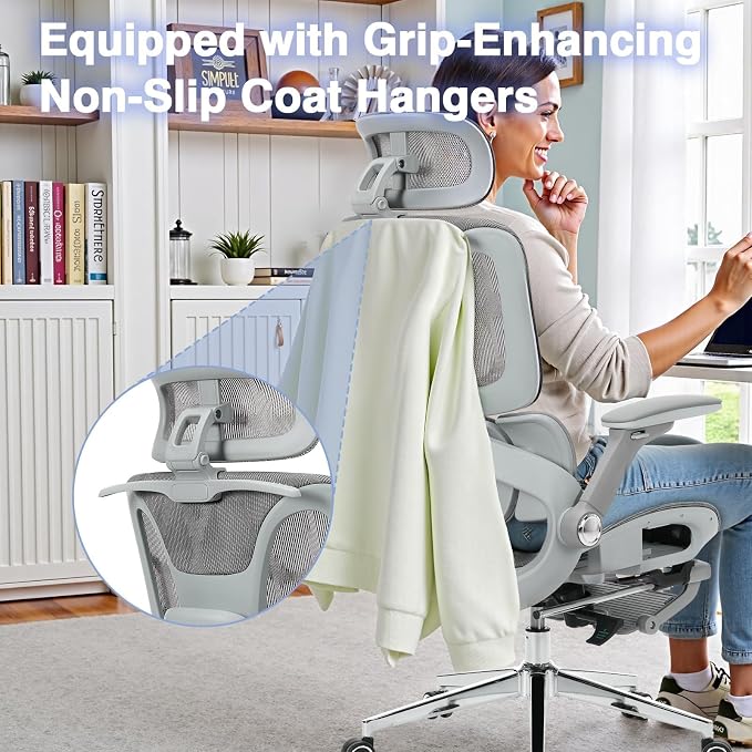 Ergonomic Mesh Office Chair with Footrest, High Back Desk Chair with 4D Armrests, 3-Zone Dynamic Lumbar Support, Ergonomic Office Chair with Wheels (Silver Gray)