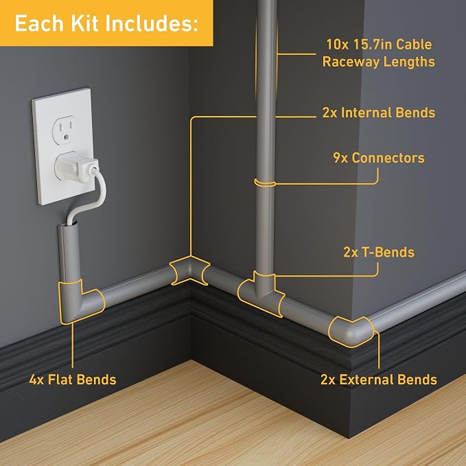 D-Line 157in Cord Cover Kit, Self-Adhesive Wire Hiders, Cable Raceway to Hide Wires on Wall, Electrical Cable Management - 10x 15.7 Lengths & 19 Accessories - 1.18" (W) x 0.59" (H) - Gray