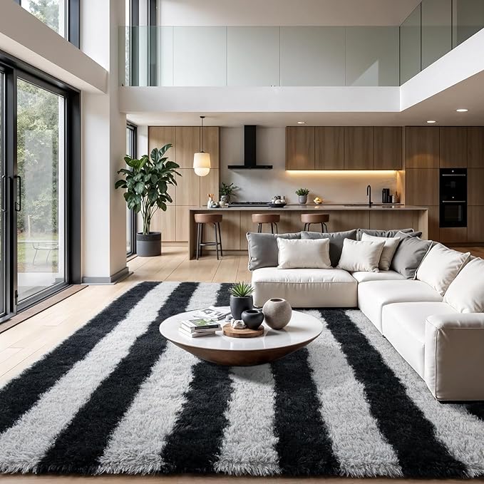Zentavio Area Rugs for Living Room Large Rugs for Bedroom 5x8 Carpet Fluffy Fuzzy Soft Shag Aesthetic Plush High Pile Gray Throw Rug for Nursery Kids Room Dorm Horizontal Stripes Black Grey