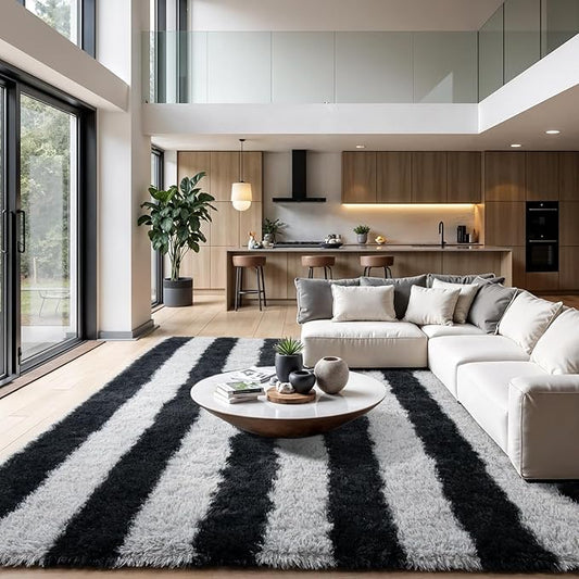 Zentavio Area Rugs for Living Room Large Rugs for Bedroom 5x8 Carpet Fluffy Fuzzy Soft Shag Aesthetic Plush High Pile Gray Throw Rug for Nursery Kids Room Dorm Horizontal Stripes Black Grey