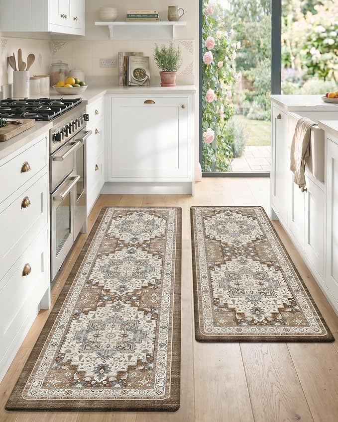 Color&Geometry Kitchen Mat 2PCs-24x59+24x87 Vintage Anti Fatigue, Brown | 0.4in Cushion Standing Mat For Cooking/Working/Laundry, Boho Decor, Non Slip PVC Kitchen Rug, Oil/Water Proof, Anti Slip