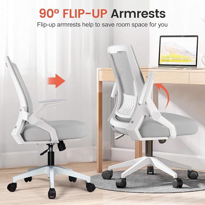 COMHOMA Office Chair with Flip-up Armrests Ergonomic Computer Desk Chair with Adaptive Lumbar Support & Breathable Mesh, Gray