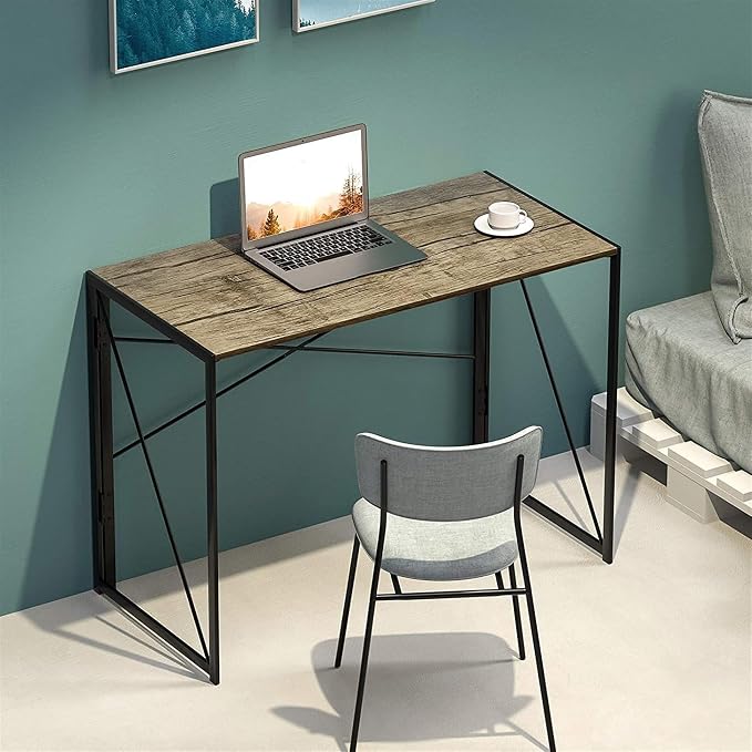 Interior Elements Folding Computer Desk for Home Office – 39" Small Portable Writing Desk, Light Brown Oak and Black Frame, Space-Saving Modern Study Table, No Assembly Required