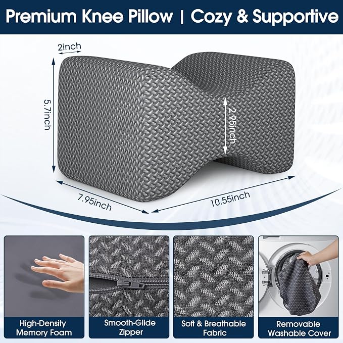 BlissTrends Memory Foam Knee Pillow, Knee Pillow for Side Sleepers, Leg Pillows for Sleeping Blood Circulation, Elevation Pillow for Spine Aligning, Sciatica, Hip, Knee, Ankle Pain, Dark Grey, Medium