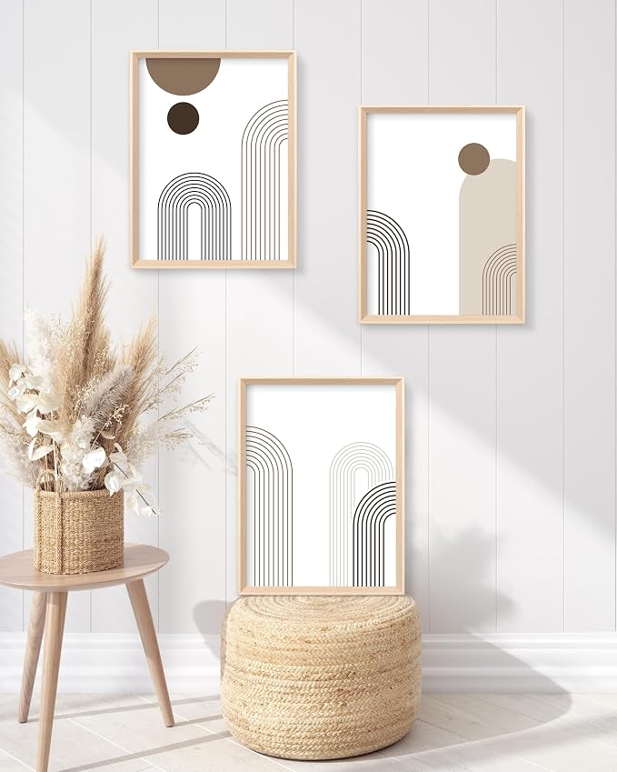 HesenDot 12x16IN Boho Arch High Framed Wood Design Wall Art Set of 3 | Modern Neutral Line Canvas Prints, Mid Century Minimalist Wall Decor for Living Room Bedroom Bathroom Hallway Office