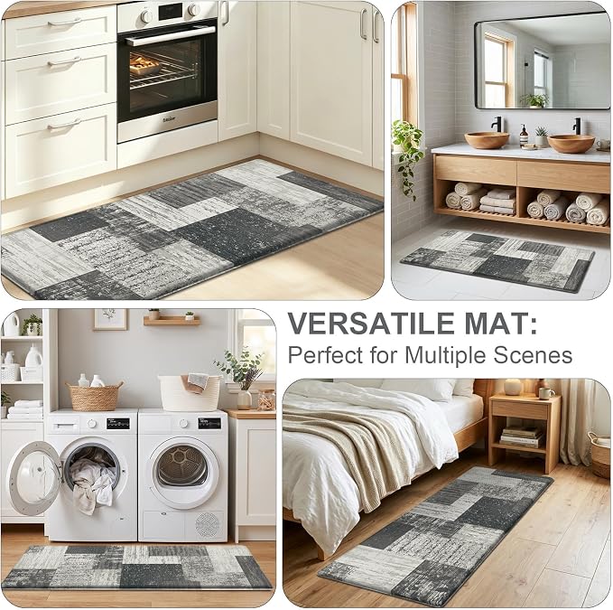 LOKHOM Anti Fatigue Kitchen Mats for Floor, 24x59 Non Slip Modern Cushioned Standing Comfort Kitchen Runner Rug, Waterproof Geometric Patchwork Memory Foam Padded for Sink Laundry Office, Grey