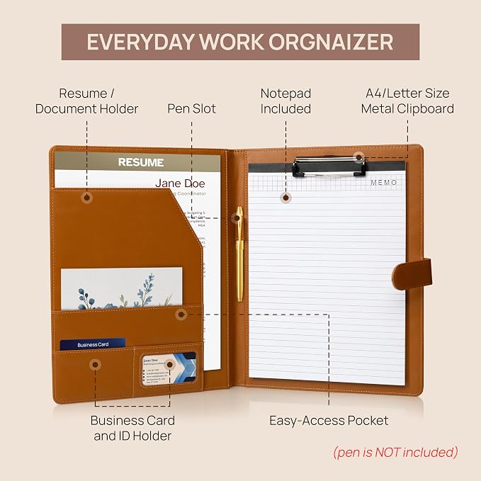 Professional Padfolio with Notepad Included | Faux Leather Portfolio Folder with Clipboard, Resume Folder, Legal Pad Holder, Business Card Holder | A4 Letter Size | Brown