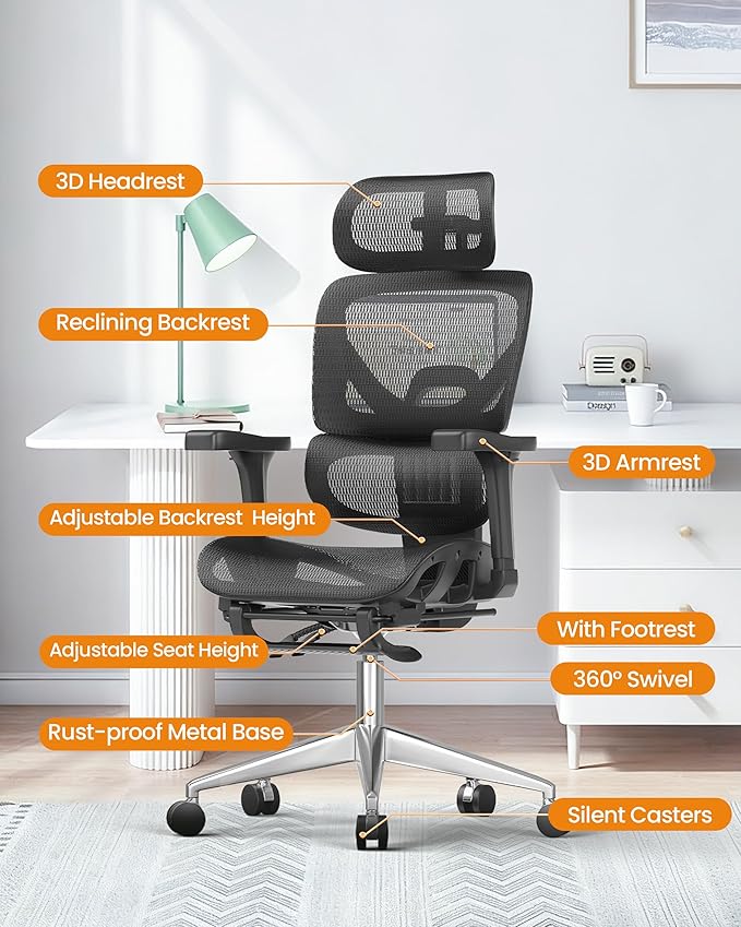 naspaluro Ergonomic Office Chair Lumbar Support High Back 350lbs Capacity | Adjustable Height Breathable Mesh Swivel Desk Chair with 3D Armrest Headrest, Footrest, PU Wheels, Comfy Computer Chair Black