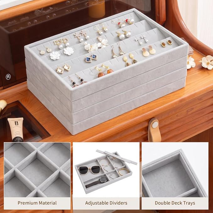 Jewelry Trays for Drawer,Set of 4 Jewelry Organizer and Storage | Velvet Material,Stackable,Adjustable Dividers,Drawer Inserts for Rings Studs Bracelet,Earring Organizer for Women Girls