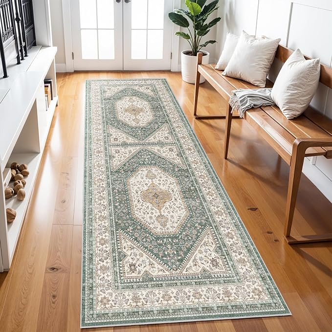 3x8 Runner Rug for Hallway Washable: Non Slip Kitchen Rugs with Rubber Backing Soft Waterproof Mats Stain Resistant Indoor Vintage Carpet Runner for Bedroom Bathroom Laundry Entryway Green/Beige