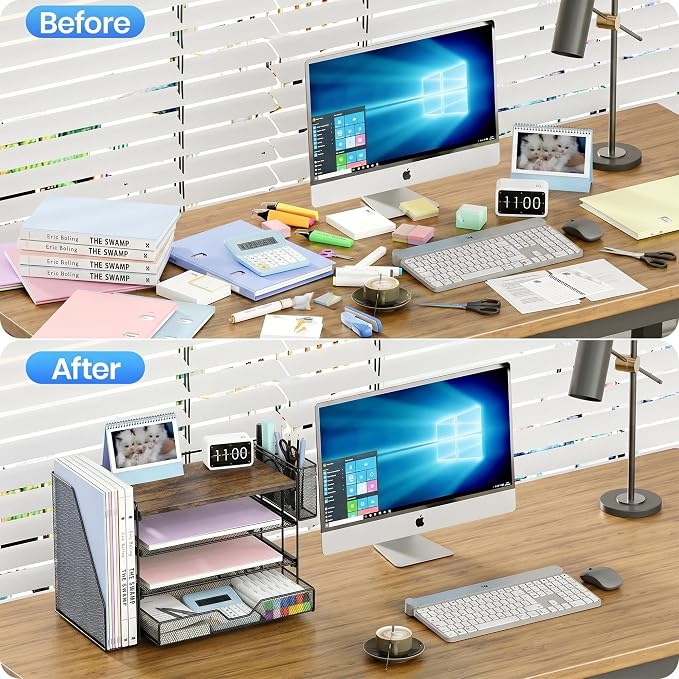 OPNICE Wood Desk Organizers and Accessories, 4-Tier Desktop Paper Letter Tray Organizer with Drawer and Pen Holders, Office Desk Accessories & Workspace Organizers for Home Office Supplies, Brown Wood