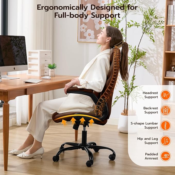 Ylzyxal Office Desk Chair, Ergonomic Computer Chair with Padded Flip-Up Arms and Adjustable Lumbar Support, PU Leather Executive Chair with Tilt Lock and 360° Swivel Rolling Wheels for Work, Study