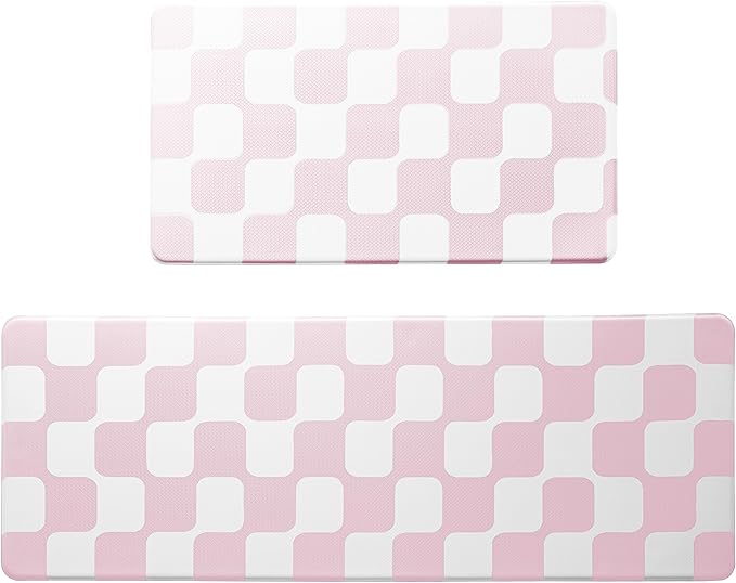 Pink Retro Curvy Checkered Grid Checkerboard Kitchen Rug Sets [2 PCs], Anti-Fatigue, Waterproof Non-Slip Kitchen Mats Heavy Duty Comfort Foam Rug for Floor, Home, Laundry,17"x29"+17"x47"