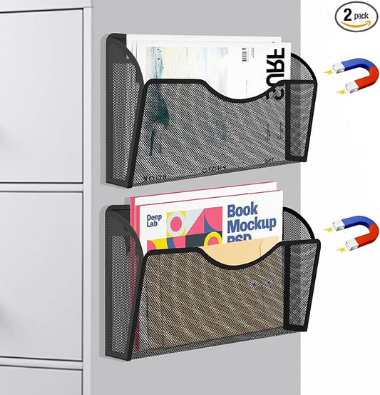 Magnetic File Holder 2 Pockets File Folder Organizer, Office Hanging Magazine Rack for Refrigerator, White Board, No Drilling Paper Document Holder Mail Organizer for File Cabinets