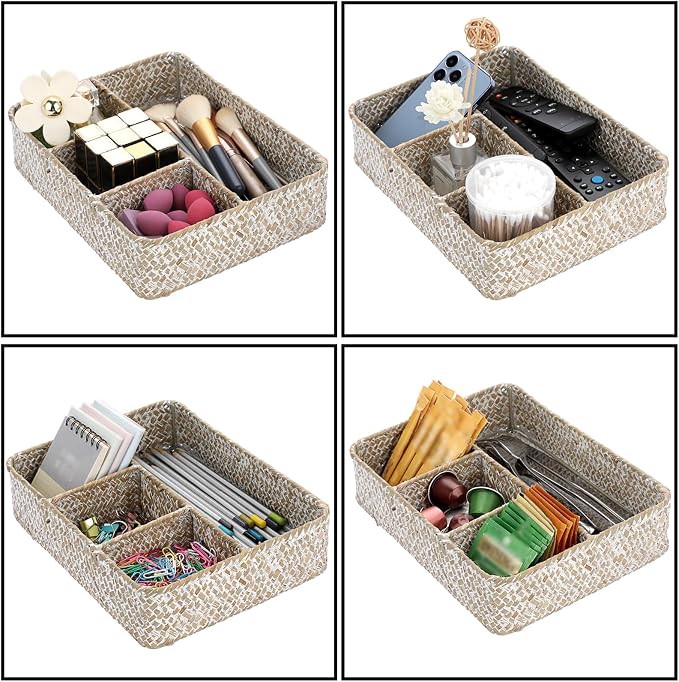 BTSKY Desk Drawer Organizer Tray, Coffee Station Organizer Tea Bag Organizer, Woven Seagrass Storage Basket with 4 Divided Sections Handwoven Wicker Basket for Shelves, Pantry, Coffee Bar (White)