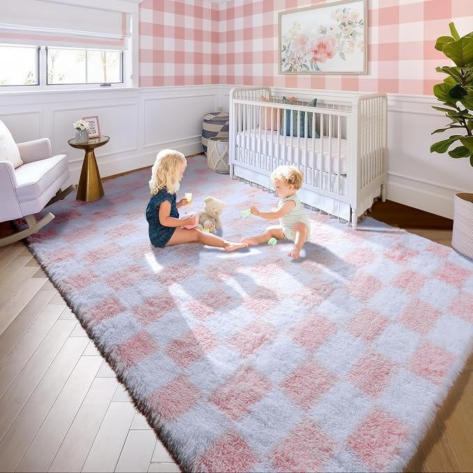 KICMOR 5x7 Area Rugs for Living Room, Fluffy Soft Light Pink and White Checkered Rug Fuzzy Shag Shaggy Carpet for Bedroom, Cute Furry Plush Rug for Teen Kids Girls Dorm Nursery Playroom Home Decor