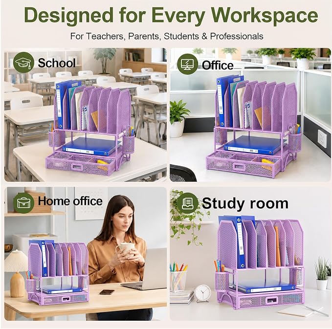 FANXIYQ Metal Desk Organizer with Sliding Drawer, 7-Section File Organizer for Desk, Desktop File Folder & Paper Organizer with 2 Hanging Pen Holders, Office Supplies Organizer, Purple