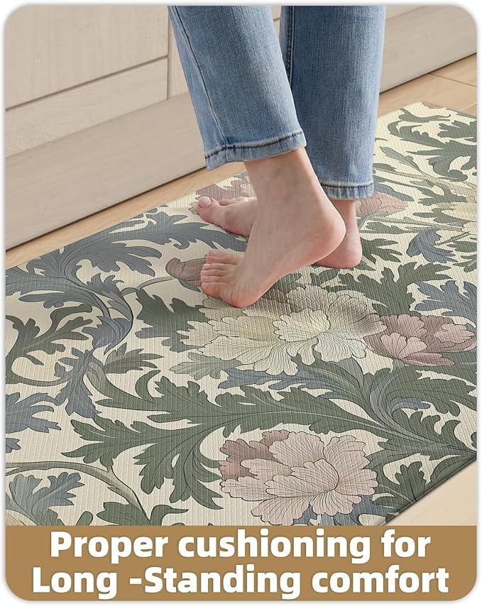Color&Geometry Natural Floral Kitchen Mat 24x87 Anti Fatigue, Multi Color | 0.4in Thick Cushioned Standing Mat For Cooking/Working/Laundry, Flower Home Decor, Non Slip PVC Kitchen Rug, Oil/Water Proof
