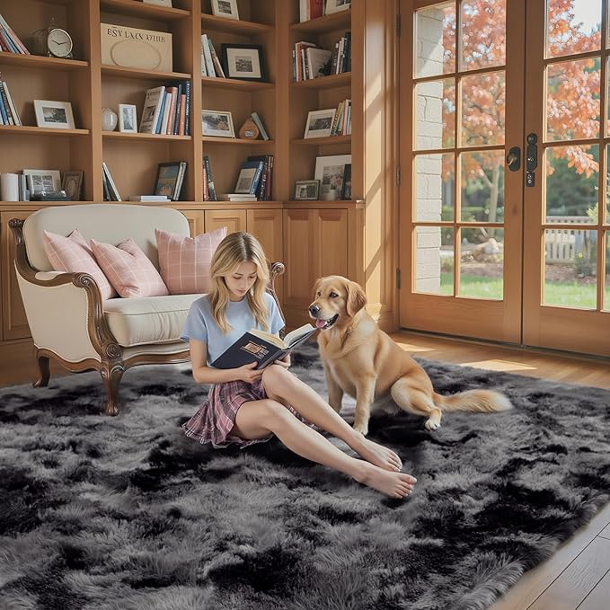 Area Rugs 10x14 Living Room, Shaggy Carpet Soft Plush Furry Bedside Rug Large Area Rugs for Bedroom Home Decor Anti Slip(10 x 14, Dark Grey Tie-Dyed)