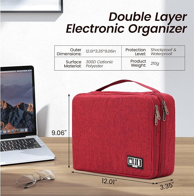 Large Electronic Organizer Travel Case, Double Layer Tech Accessories Bag with 3 DIY Adjustable Dividers, Waterproof Padded Cable Storage Pouch for Camera Gear, Power Bank, Hard Drive, Mouse