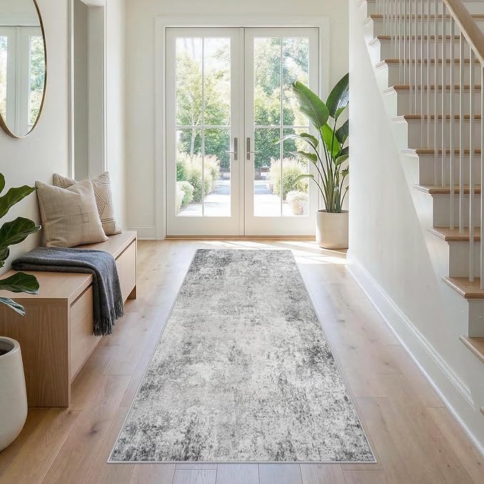 Abstract 2x6 Runner Rug for Home: Living Room Entryway Hallway Rugs Indoor Non Slip with Rubber Backing Extra-Soft Home Decor Mats for Bedroom Kitchen Distressed Ultra Thin Low Pile Carpets 2x6 Grey