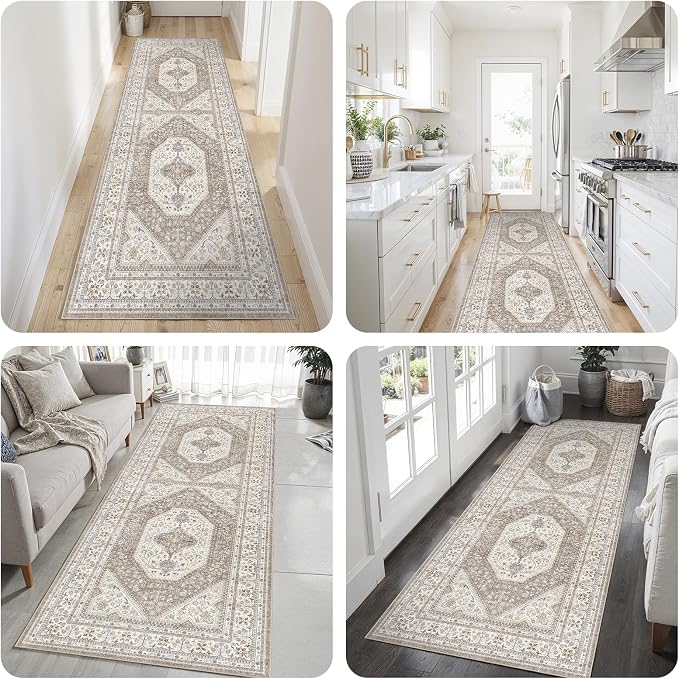 2x6 Washable Hallway Runner Rug:Oriental Indoor Kitchen Rugs Vintage Door Mat Non Slip with Rubber Backing Low Pile Thin Carpet for Bedroom Bathroom Living Room Bedside (2x6 Brown/Beige)