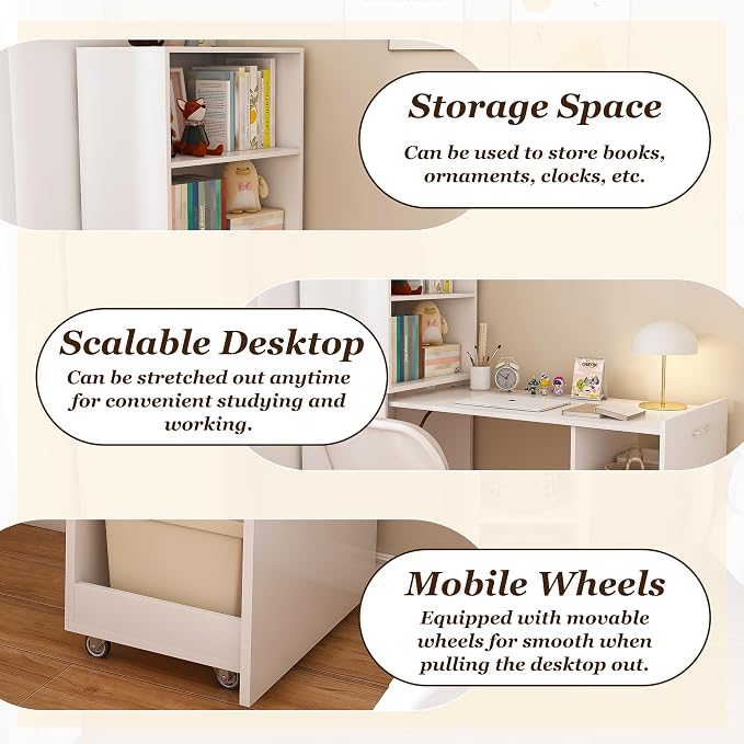 Folding Out Desk with Storage Shelves, Expandable Hidden Computer Desk, Foldable Space-Saving Pull Out Murphy Table, Writing Table with Mobile Wheels for Home Office Bedroom Small Spaces (White)