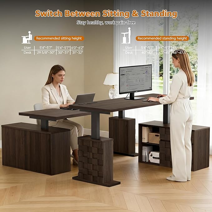 67" L Shaped Standing Desk with Drawers, Electric Height Adjustable Corner Desk, Sit Stand Office Desk with 4 AC Outlets & Type C Port, Executive Computer Desk with Cabinet, Brown