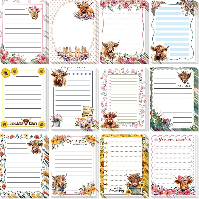 12 Pieces Highland Cow Sticky Notes 3x4 Inch Animal to Do List Just Loves Butterfly Sunflower Memo Notes Highland Cow Gifts Home Kawaii Cute Office Supplies