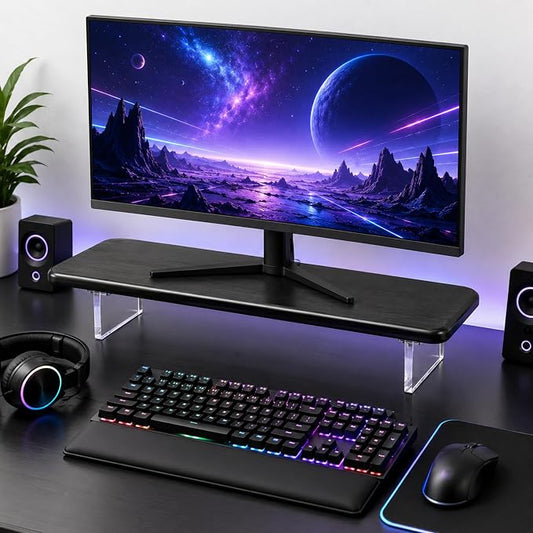 Bamboo Monitor Riser, Wide Desktop Monitor Stand for Desk with Clear Acrylic Legs, 31.5 x 8 inch Bamboo Wood Shelf, Fit Keyboard, Home Office Workspace Accessories,Study Stationaries Storage (Black)