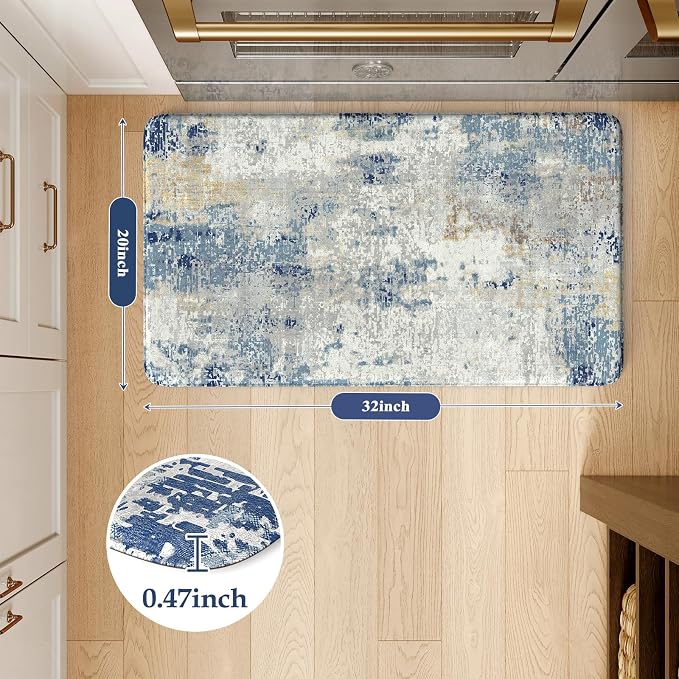 LEEVAN Anti Fatigue Kitchen Mats for Floor, Non-Slip Cushioned Kitchen Rugs | 20"x31", Modern Abstract Blue Thick Memory Foam Kitchen Rugs, Waterproof Ergonomic Standing Mats for Laundry, Office & Sink