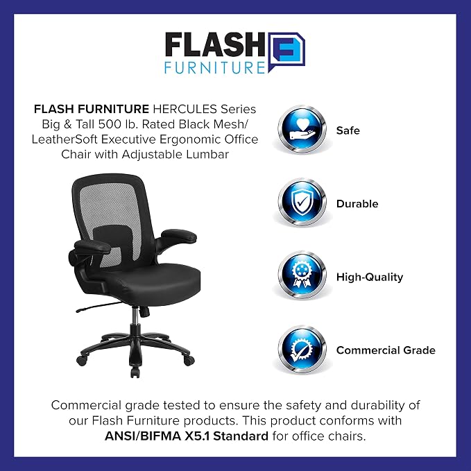 Flash Furniture Big & Tall Swivel Office and Gaming Chair with LeatherSoft Seat, Mesh Office Chair with Flip-Up Armrests and Adjustable Height, Black | Ergonomic, Adjustable Lumbar, Mesh Back, 500 LBS. Weight Capacity, LeatherSoft Upholstery, Flip-Up P...