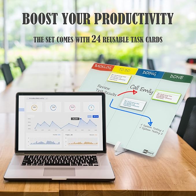 PMXBOARD Desktop Kanban Board & Whiteboard (Double-Sided) 18” x 11” Glass Dry Erase Board with Stand, 24 Reusable Task Cards, 6 Markers – Scrum Agile Project Management Desk Planner