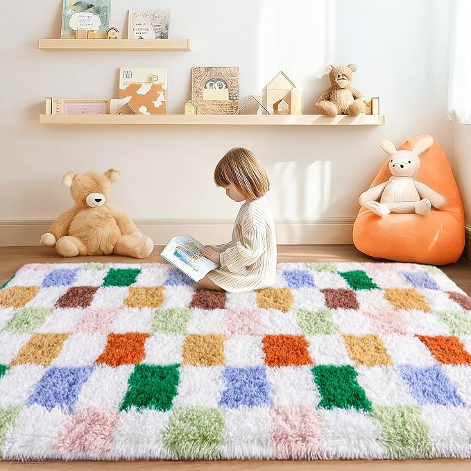 Checkered Rug 4x6 for Bedroom, Ultra Fluffy Shag Area Rugs for Living Room, Upgrade Anti-Skid High Pile Soft Rug Fuzzy Carpet for Bedroom Kids Room Nursery, Dorm Home Decor, Green and Orange Colorful