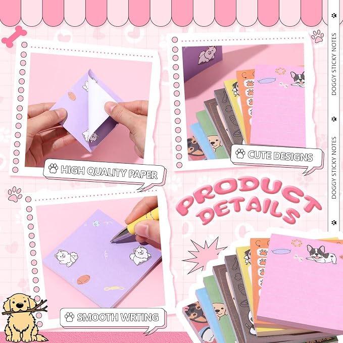 9 Pads Cute Sticky Notes Cartoon Self Stick Notepads 3x3 Inches Notes Adhesive Memo Pad Office Decor Gifts for Students School Teacher Office Meeting(Dog)