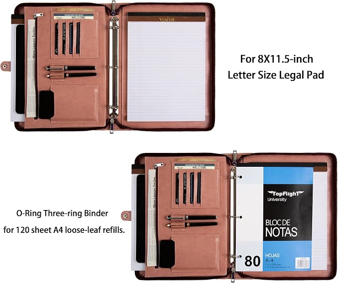 3-Ring Portfolio Padfolio for Women, Vegan Leather Binder, Pink, Zipper, Handmade Portfolio Organizer, Personalized for Lefty & Righty