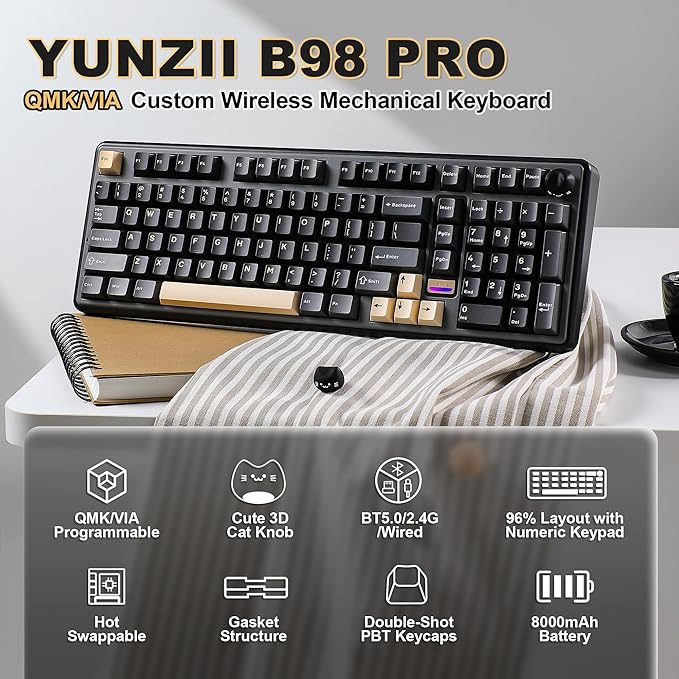 YUNZII B98 PRO QMK/VIA Wireless Mechanical Gaming Keyboard,96% Layout with Numpad and Cute Cat Knob, BT/2.4G/USB-C,Linear Switch Hot Swap Gasket,RGB for Win/Mac (Black, Candy Linear Switch)