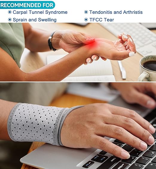 HiRui Breathable Wrist Brace (2 Pack) for Relieve Wrist Pain from Carpal Tunnel, Arthritis, Tendonitis, Sprain, TFCC | Adjustable Wrist Wraps Support for Weightlifting, Tennis - Fits All (Gray)