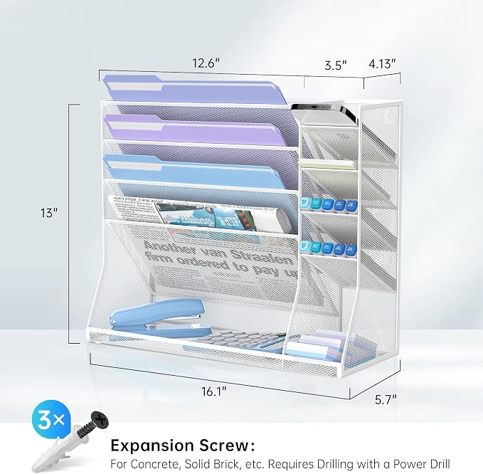 Wall File Organizer, 5-Tier Desk Organizer with 4 Pen Slots, Hanging Wall File Folder Holder with R-shaped Bottom Tray, Mesh Versatile Mail Holder Desk Organization for Office, White