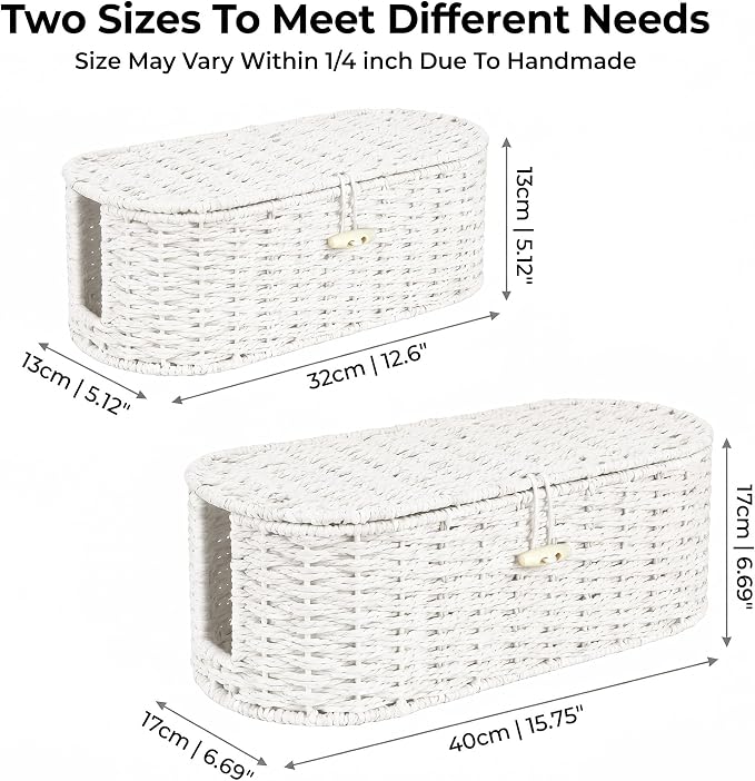 Set of 2 Cable Management Box, Handwoven Cord Hider Box with 3 Open Slots | Cable Organizer Box with Lockable Lid, Cord Storage Box to Hide Power Strip, Router, USB Hub, TV Wires for Home, Office