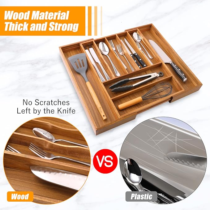 Large Premium Acacia Wood Silverware Organizer - Expandable Utensil Drawer Organizer - 17"x19.6" Utensil Holder and Cutlery Tray with Grooved for Kitchen Flatware Utensils(7-9 Slot, Acacia)