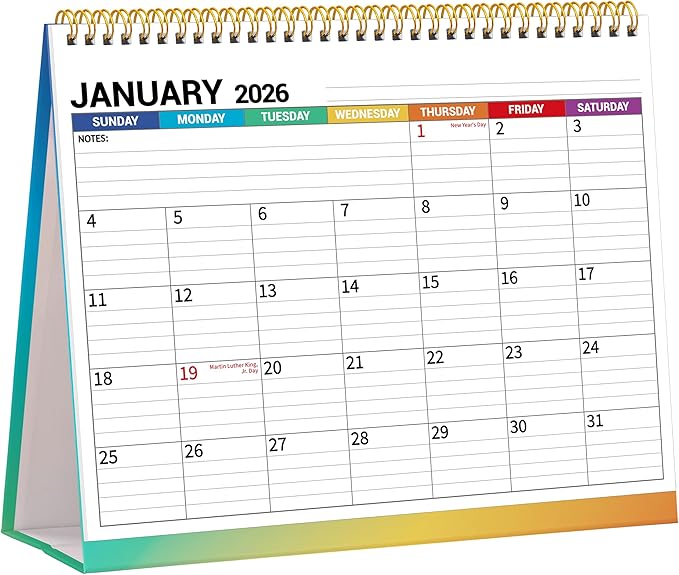 Desk Calendar 2026, Desktop Calendar 2026 Standing flip, 8.5’’ x 11’’, Jan 2026 - Dec 2026, Stand Up Calendar with Memo Pages, Large Ruled Blocks, Holidays, Thick Paper, Great for Home, School, Office