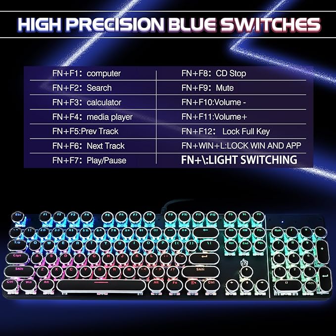 Typewriter Style Mechanical Gaming Keyboard RGB Backlit Wired with Blue Switch Retro Round Keycap 104 Keys Keyboard Compatible with Laptops/Chromebook/Desktop (Black 104 Keys RGB)