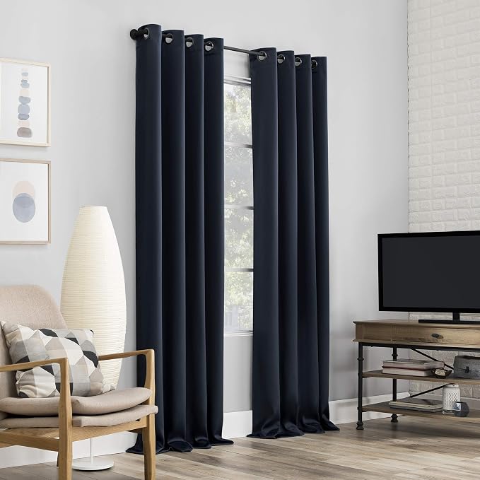 Sun Zero Nordic 2-pack Theater Grade Extreme 100% Blackout Grommet Curtain Panel Pair, 52" x 108", Navy Blue