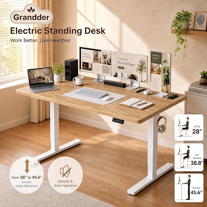Grandder 63x32 Large Electric Standing Desk, Height Adjustable Computer Desk with 2 Memory Presets, 31.5" Deep Desktop Sit Stand Desk Home Office Desk Workstation Table with Hooks, Oak
