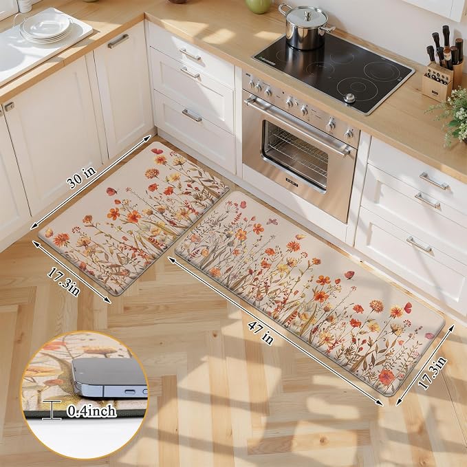 SHACOS Anti Fatigue Fall Kitchen Rugs Set of 2 Beige Orange Wild Flowers | Waterproof Non Slip Cushioned Kitchen Floor Mats Harvest Autumn Farmhouse Comfort Standing Mat 17x27.5+17x47"