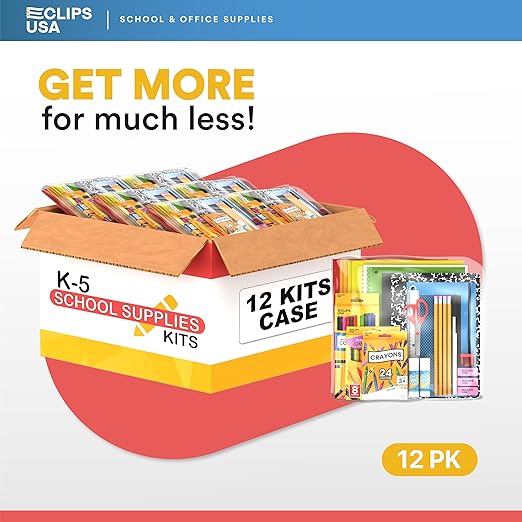 School Supplies for Kids (12 Kits Bulk), Back to School Supply Box, Supplies for Girls Or Boys, Supplies Bundle Kit (12)