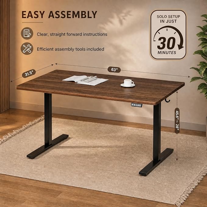 Grandder 63x32 Large Electric Standing Desk, Height Adjustable Computer Desk with 2 Memory Presets, 31.5" Deep Desktop Sit Stand Desk Home Office Desk Workstation Table with Hooks, Walnut