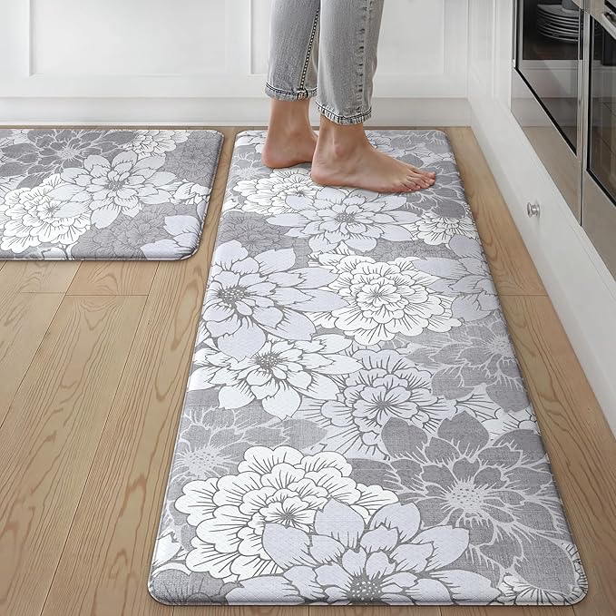 GENIMO Anti Fatigue Kitchen Mats for Floor 2PCS, Cushioned Standing Mats | 17.3"x47"&17.3"x30", Lavender Grey vintage floral rug set, waterproof, non slip, easy-clean for farmhouse